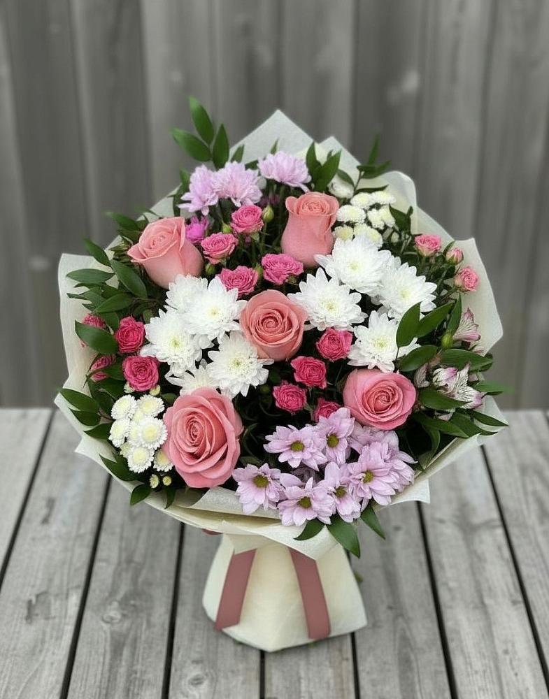 Букет цветов из: Альстромерии, Гвоздики, Розы и Хризантемы в Заволжье