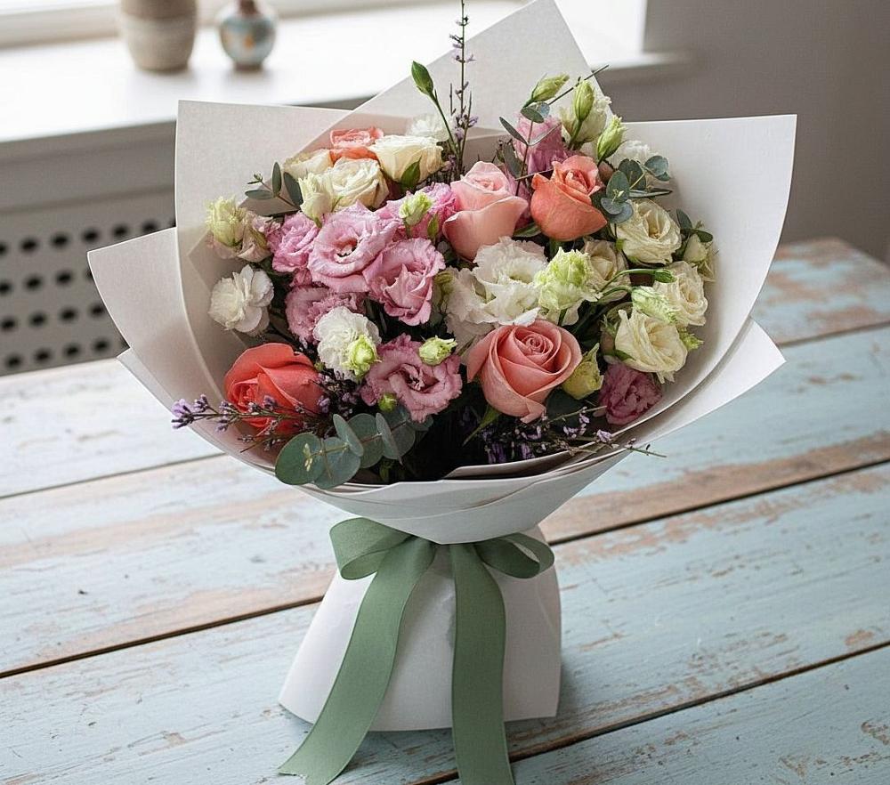 Букет цветов из: Розы, Лизиантусы и Гвоздики в Заволжье