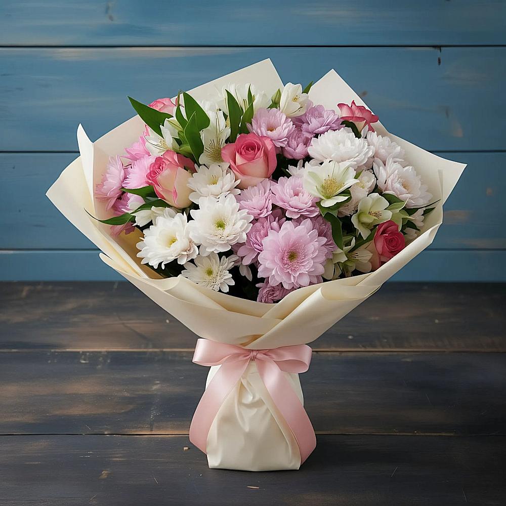 Букет цветов из: Хризантемы, Альстромерии и Розы в Заволжье